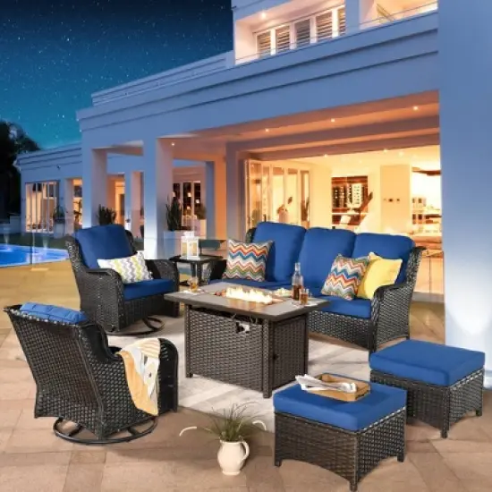 Ovios Orlando 7pc Brown Wicker Outdoor Patio Furniture Conversation Sofa Set with a Rectangle Fire Pit, Swivel Chairs and Cushions image {17}