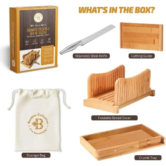 Bread Slicer for Homemade Bread - Bamboo Folding Bread Cutter with Knife, Crumb Tray & Adjustable Slicing Guide for Loaves, Bagels & Cakes image {7}