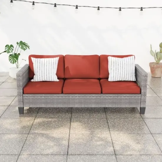 Sonkuki Outdoor Wicker Patio 3-Seat Sofa, PE Rattan Conversation Set With All-Weather Cushions image {13}