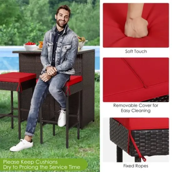 Tangkula 3PCS Patio Wicker Rattan Bar Set Table w/2 Red Cushioned Stools image {5}