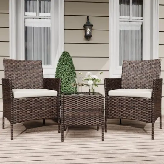 3 Piece Patio Set, PE Rattan Patio Conversation Set, 2 Chairs + Coffee Table, Outdoor Patio Furniture Set for Patio Front Porch Balcony Bistro image {8}
