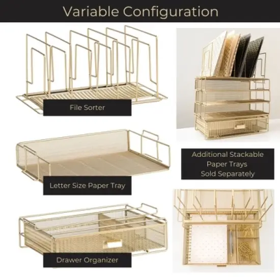 Blu Monaco Gold Desk Organizer - Includes Detachable File Organizer, Stackable Paper Tray & Drawer, Office Supplies for Desk image {1}