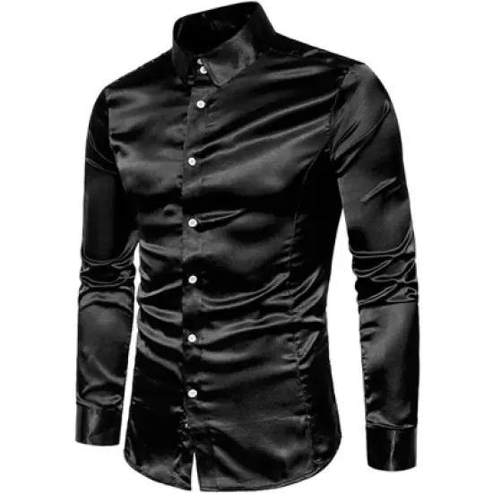 Lars Amadeus Men's Satin Point Collar Long Sleeve Button Down Slim Fit Dress Shirts image {7}