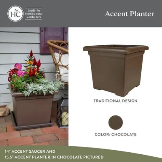 The HC Companies 15.5" Accent Square Plant Pot w/ Drainage, Classic Planters for Indoor & Outdoors Plants, Lightweight & Resists Sun Fading, Chocolate image {2}