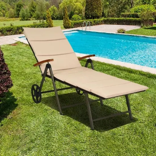 Tangkula Folding Outdoor Rattan Chaise Lounge Chair Cushioned Recliner w/ Wheels Beige image {3}