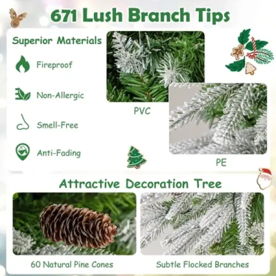 Costway 6/7.5/9 FT Flocked Christmas Tree with 671/913/1310 PE PVC Branch Tips 280/350/470 Warm White LED Lights image {7}