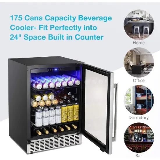 R.W.FLAME 24 Inch Beverage Fridge with Clear Glass Door, Digital Memory Temperature Control, for Cans and Soda, LED Lighting, Quiet Operation image {4}