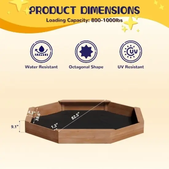 Large Octagonal Wooden Sandbox &ndash; Kids Outdoor Sandpit with Cover, 4 Benches & Drainage Liner for Backyard, Ages 4+ image {6}