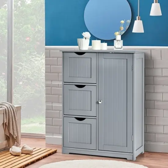 Costway Bathroom Floor Cabinet Side Storage Cabinet with 3 Drawers and 1 Cupboard Grey\ Black image {8}