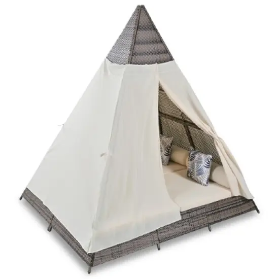 Whisen Outdoor Sunbed With Colorful Pillows, Tent Shape Wicker Patio Daybed With Cushions image {3}