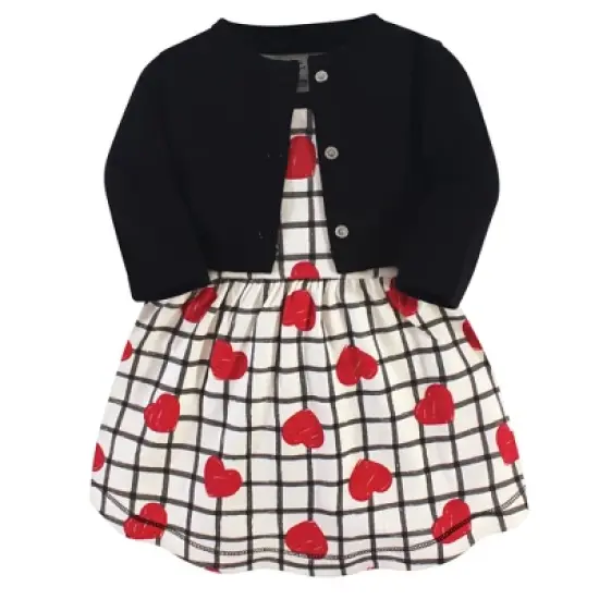 Touched by Nature Baby and Toddler Girl Organic Cotton Dress and Cardigan 2pc Set, Black Red Heart image {4}
