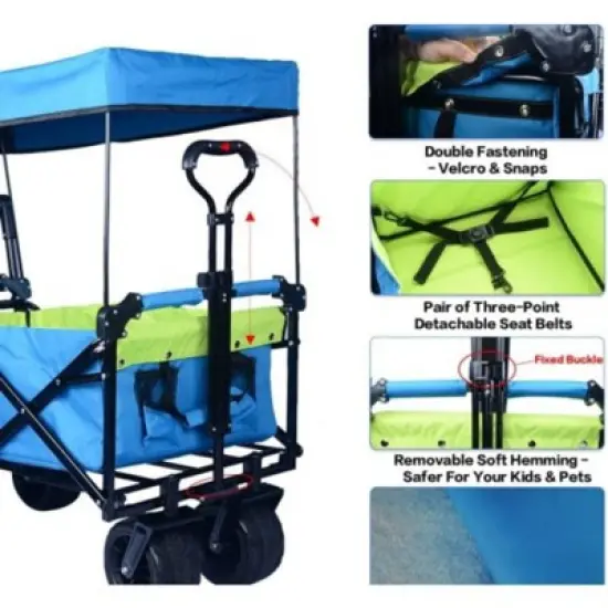 FURNIinspire Outdoor Serving Carts Collapsible Wagon Foldable with Removable Canopy Wheels for All-Terrain Brake for Camping, Blue, 35.4"*19.7"*44.5" image {3}
