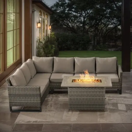 POCASSY All Weather Gray Wicker Outdoor Sectional Sofa with Fire Pit Table, 4PCS Patio Furniture Set with 41" Propane Firepit Table for Outside image {14}