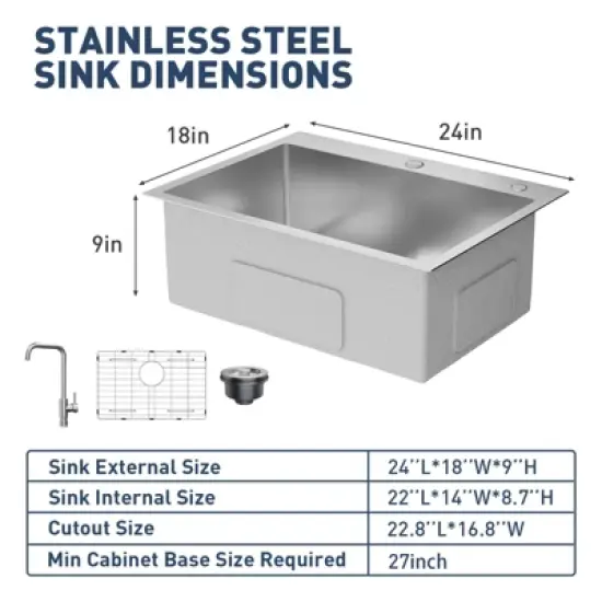 Drop In Kitchen Sink,Stainless Steel Kitchen Single Bowl Sinks, Modern Top Mount 16 Gauge Workstation Sink- with Pull-Down Faucet for Bar image {6}