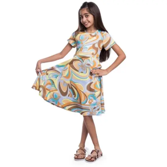24seven Comfort Apparel Girls Yellow Print Knee Length Short Sleeve Flowy Dress image {1}