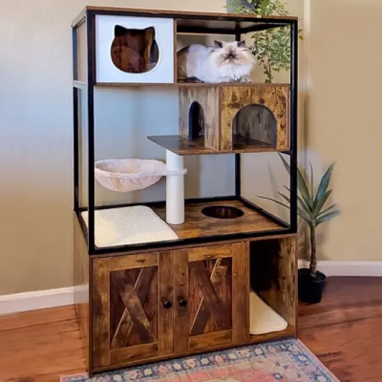Aivituvin Wooden 3-Story Cat Condo with Litter Box Enclosure| Strong Iron Frame-AIR102 /102-I image {1}
