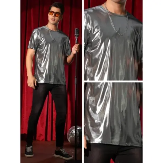 Lars Amadeus Men's Crew Neck Short Sleeves Metallic Party Sparkly Shiny T-Shirt image {4}