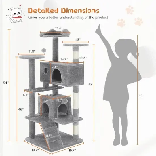 Sevobal Pet Tower Cat Tree Tower, Multi-Level With Sisal Grab Post, Indoor Apartment With Ladder, Plush Toys, Rest And Play, Gray, 19.7&Prime;*19.7&Prime;*53.14&Prime; image {2}
