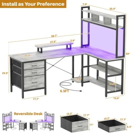 Aheaplus L Shaped Desk with Hutch, Gaming Desk with Led Lights image {5}