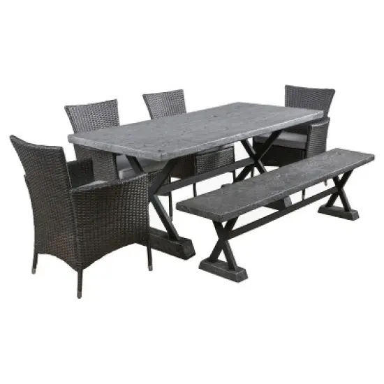 Ponza 6pc Rectangle Wicker & Light Weight Concrete Patio Dining Set - Gray - Christopher Knight Home image {1}