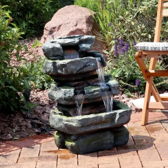 Sunnydaze 24"H Electric Polyresin and Fiberglass Tiered Stone Waterfall Outdoor Water Fountain with LED Lights image {1}