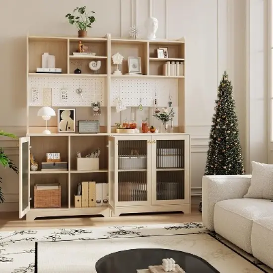 Acekool 71" Tall Pantry Cabinet with Glass Doors, Open Shelves & Adjustable Storage, Modern Kitchen Hutch & Coffee Bar Cupboard,Wood image {7}