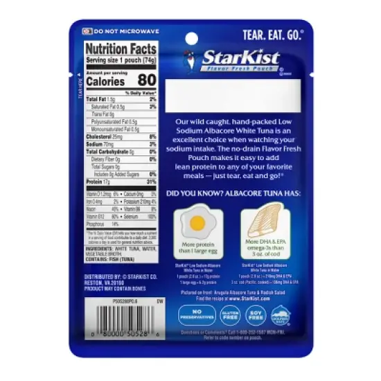 StarKist Low Sodium Albacore White Tuna in Water Pouch - 2.6oz image {1}