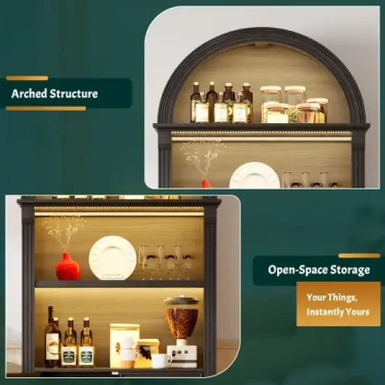 Fredees 71" Tall Arched Cabinet, Kitchen Pantry & China Cabinet, Arched Bookshelf with Open & Adjustable Shelves, Induction 3-Color Lights image {5}