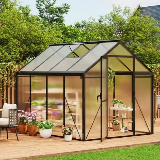 Greenhouse Outdoor - Polycarbonate Walk-in Garden Greenhouse with Roof Vent, Aluminum Frame & Lockable Door image {4}