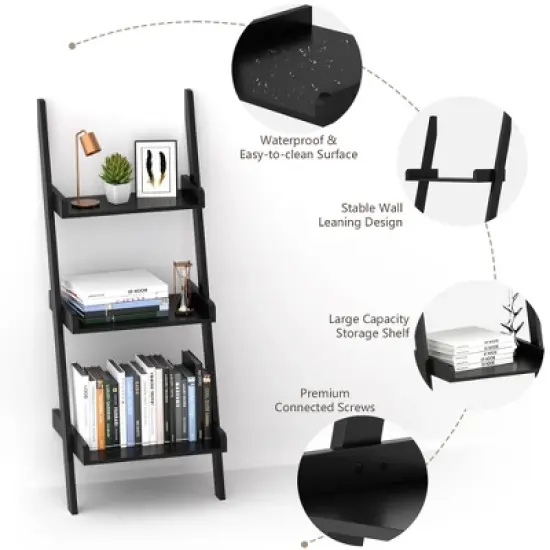 Costway 3 Tier Leaning Rack Wall Ladder Book Shelf Bookcase Storage Display Multipurpose image {5}