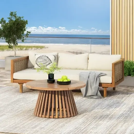 FIONECA Claremont 3-Seater Patio Daybed with Beige Cushions and Acacia Wood Coffee Table &uml;C Outdoor Furniture Set image {1}