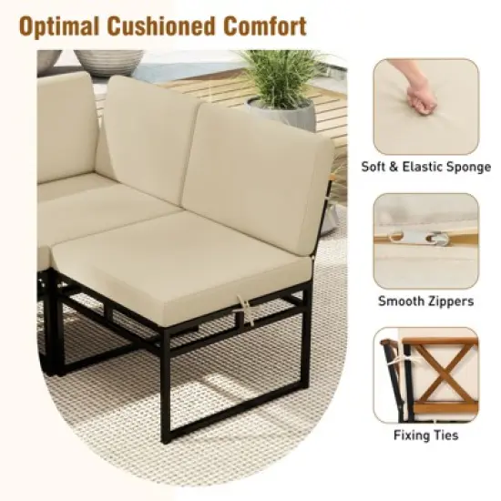 Tangkula Set Of 6 Outdoor Sectional Sofa Set Metal Conversation Set w/Cushions & Bungee Rope Seat Patio Acacia Wood Chair & Coffee Table Set image {2}