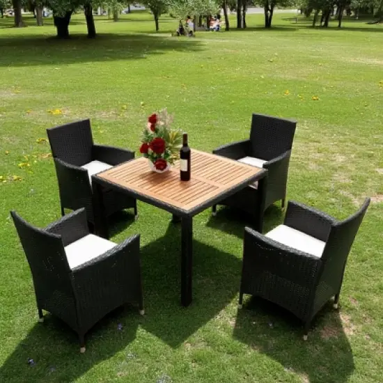 Mshliw 5-Piece Outdoor Patio Wicker Dining Set, Black Wicker with Acacia Wood Top and Creme Cushions for Garden, Courtyard, or Balcony image {5}