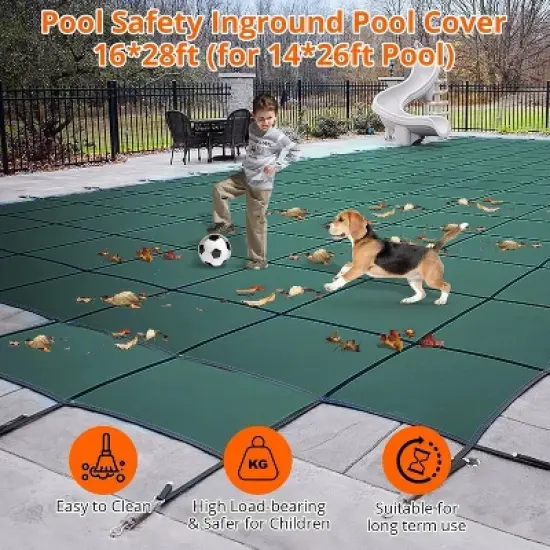 Pool Safety Inground Pool Cover &ndash; Fits 16x32ft Pools with Center Steps, Full Set with Safety Net, Installation Tools, 18x34ft image {2}