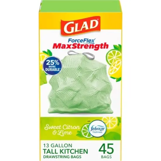 Glad ForceFlex MaxStrength Tall Kitchen Drawstring Trash Bags - Febreze Sweet Citron & Lime - 13 Gallon/45ct image {4}