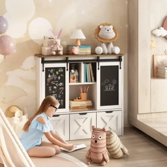 Toy Storage Organizer with Sliding Blackboard, Kids Bookcase with 3 Movable Drawers, Multifunctional Storage Cabinet image {7}