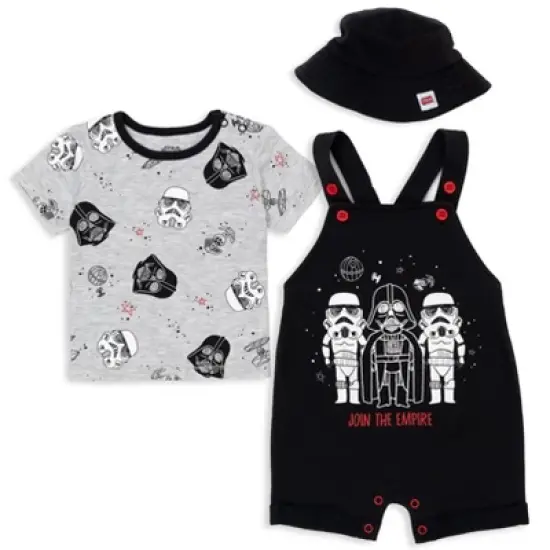 Star Wars Chewbacca R2-D2 Yoda Baby French Terry Short Overalls T-Shirt and Hat 3 Piece Outfit Set Newborn to Infant image {9}