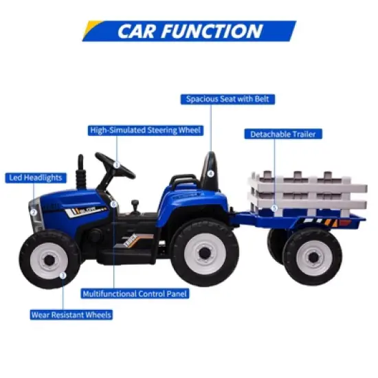 Acekool 12V Electric Tractor with Trailer & Remote, 7-LED Lights, MP3, 25W Motor, EVA Tires image {3}
