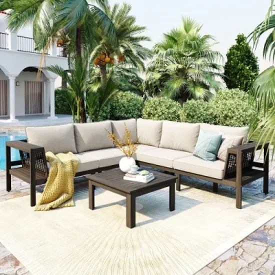 FIONECA 4-Piece Outdoor Acacia Wood Sofa Set, L-Shaped Patio Sectional with Coffee Table, Woven Armrests, Beige Cushions image {2}