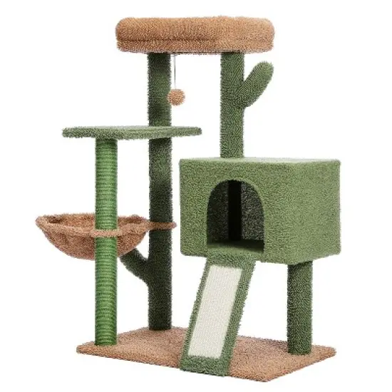DOMETOUR 41"H Cactus Cat Tree Cat Tower, Cat Climbing Frame with Sisal Scratching Post, Cat Condo, Plush Perch, Hammock, Dangling Ball image {9}