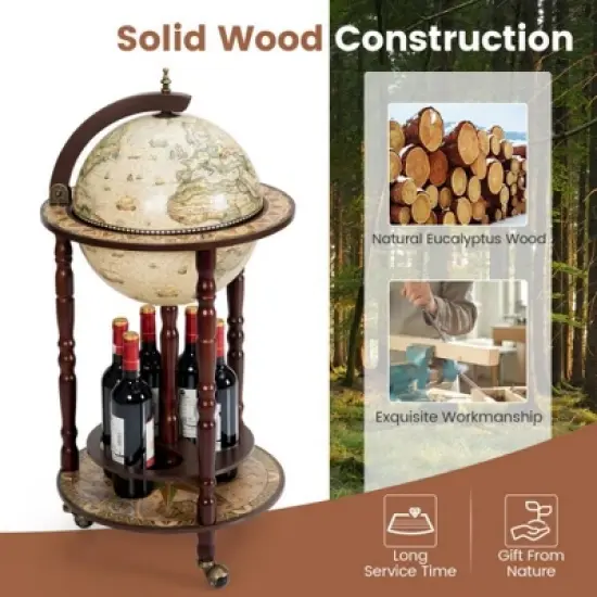 MOEPISY 17 Inch Wooden Globe Liquor Bottle Wine Rack with Wheels image {3}