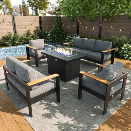 LayinSun 5 Pieces Aluminum Outdoor Patio Furniture Set with Fire Pit Table, Outside Metal Patio Conversation Sets with Deep Seating and Thick Cushions image {8}