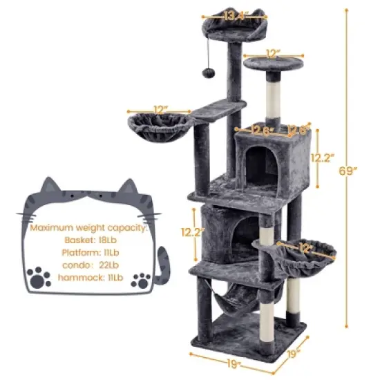 Yaheetech 69"H Large Plush Cat Tower with 2 Condos for Cats Kittens - Dark Gray image {2}