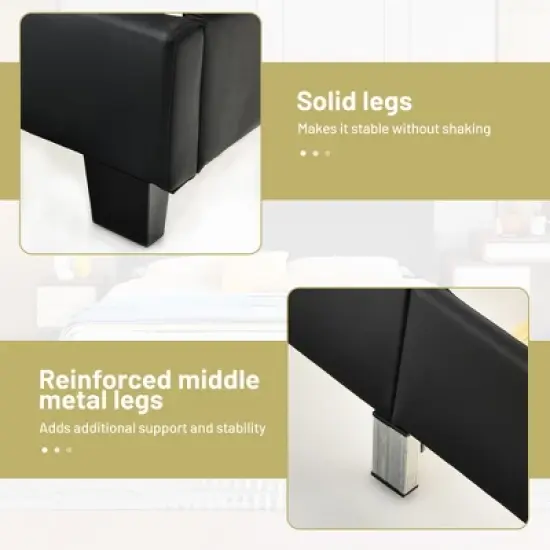 Costway Queen Upholstered Platform Bed Frame with Linen/PU Headboard Wood Slat Gray/Black image {7}