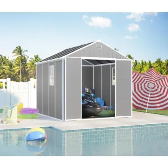 8*8ft resin storage shed, high quality pp material, strong structure, waterproof, rust and UV proof, large storage space, HD window lighting image {7}