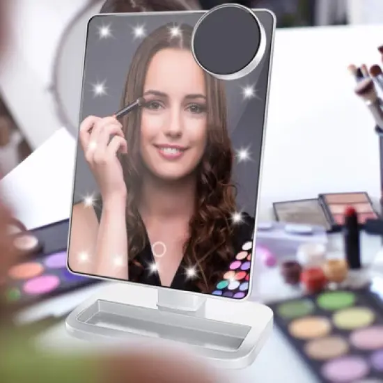 SUGIFT Lighted Vanity Mirror with 21 LED Lights, 1X 2X 3X 10X Magnification, Tri-Fold Design, Built-In Speakers image {4}