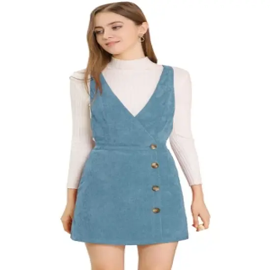 Allegra K Women's Corduroy Mini V Neck Vintage A-Line Bib Overall Pinafore Skirts image {12}