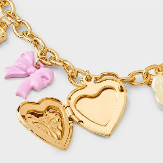 Girls' Bow and Heart Locket Charms Bracelet - art class&trade; Gold: Lobster Claw Clasp, Iron & Zinc, Chain Style image {2}