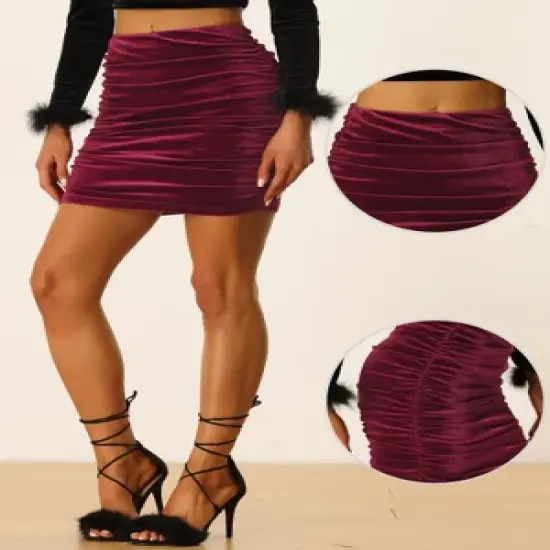 Allegra K Women's Velvet Party Bodycon Mini Ruched Skirt image {1}