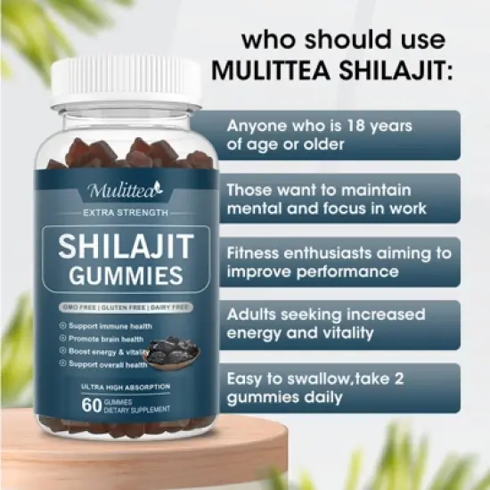 Mulittea Shilajit Gummies 800mg for Energy & Immune Support - 60 Gummies (Strawberry) image {2}